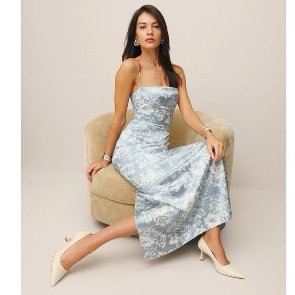 Reformation Frankie Silk Formal Dress Spaghetti Strap Porcelain Blue Floral 10 P - Picture 11 of 16